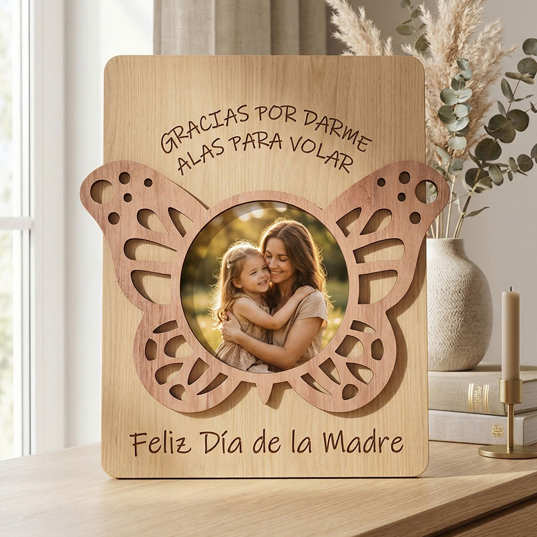 Portafoto de madera dia de la madre mariposa