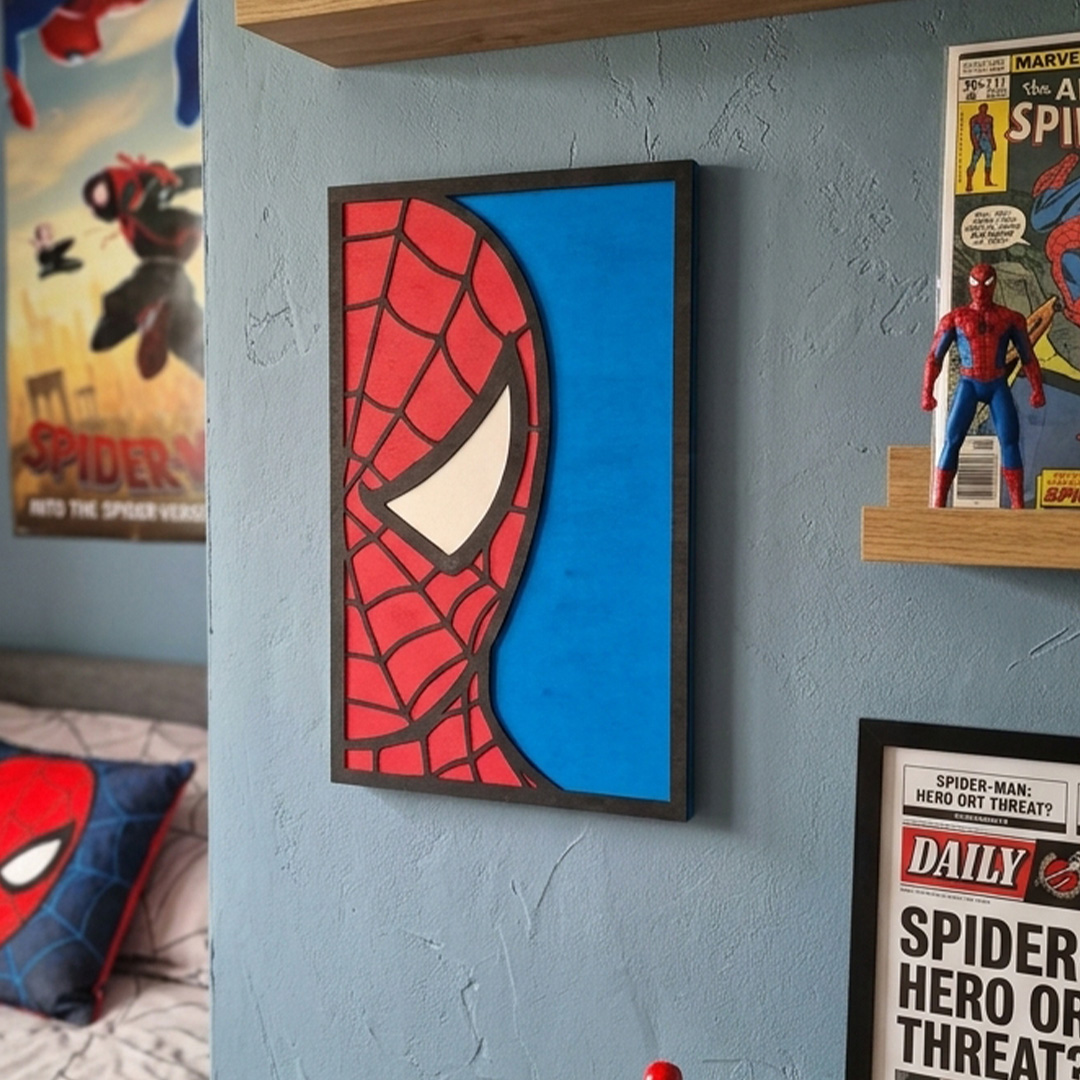 Cuadro de madera rostro spiderman pintado a mano