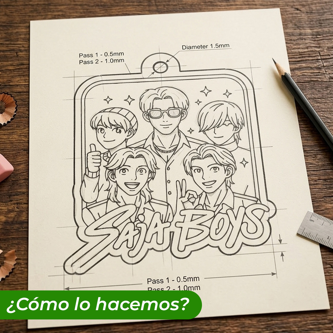 Llavero de madera grabado Saja Boys bocetos