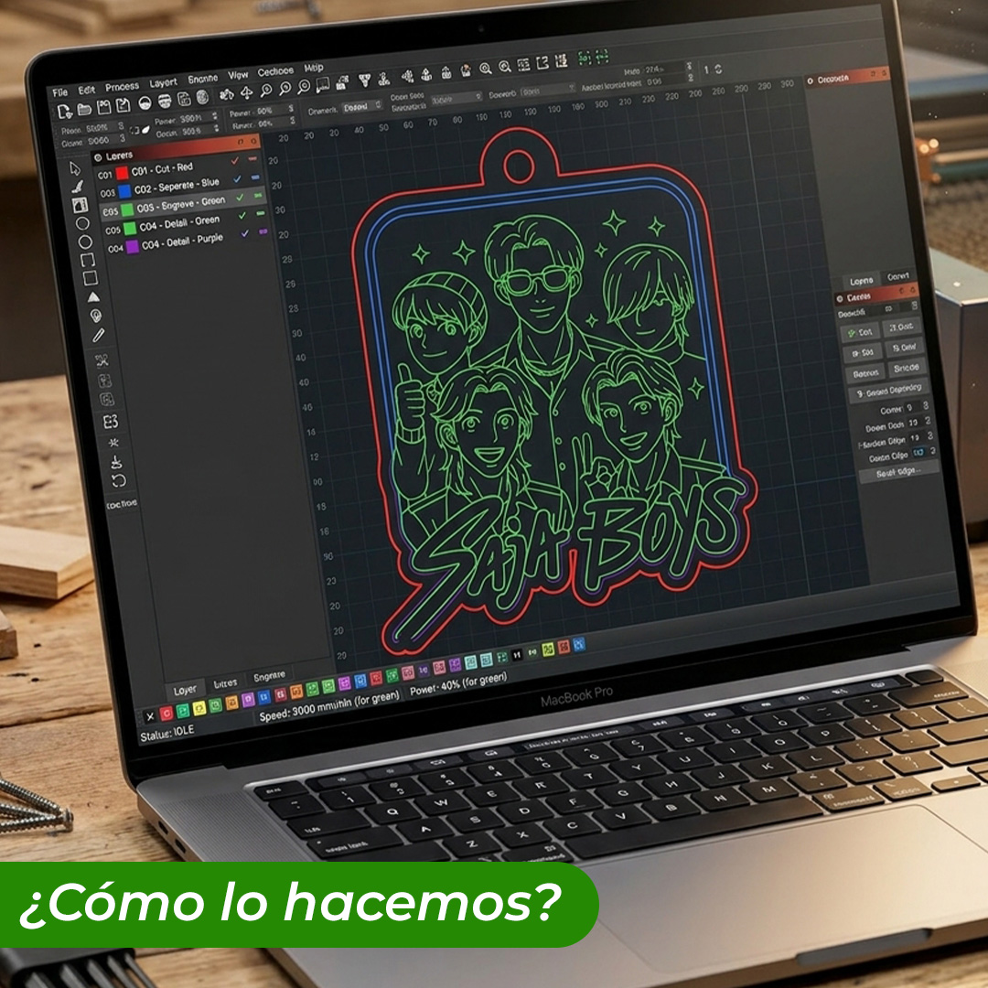 Llavero de madera grabado Saja Boys vectorizado