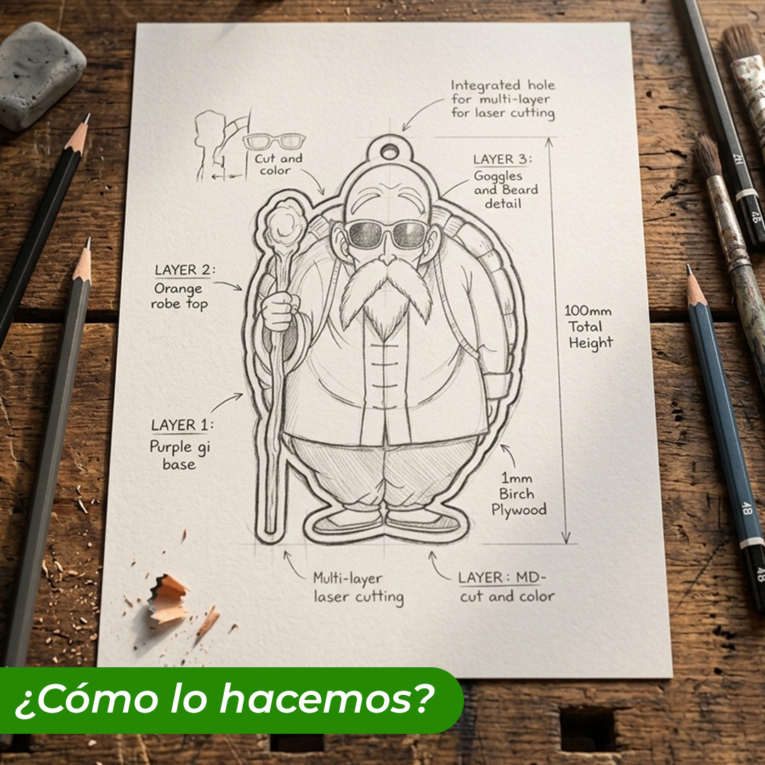 Llavero de madera pintado a mano Genio Tortuga boceto