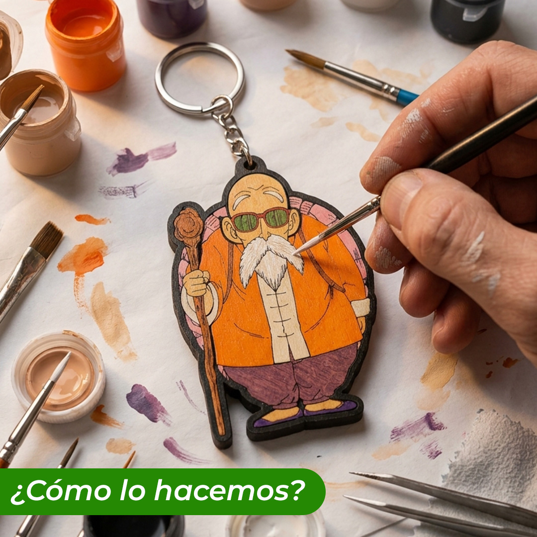 Llavero de madera pintado a mano Genio Tortuga pintando