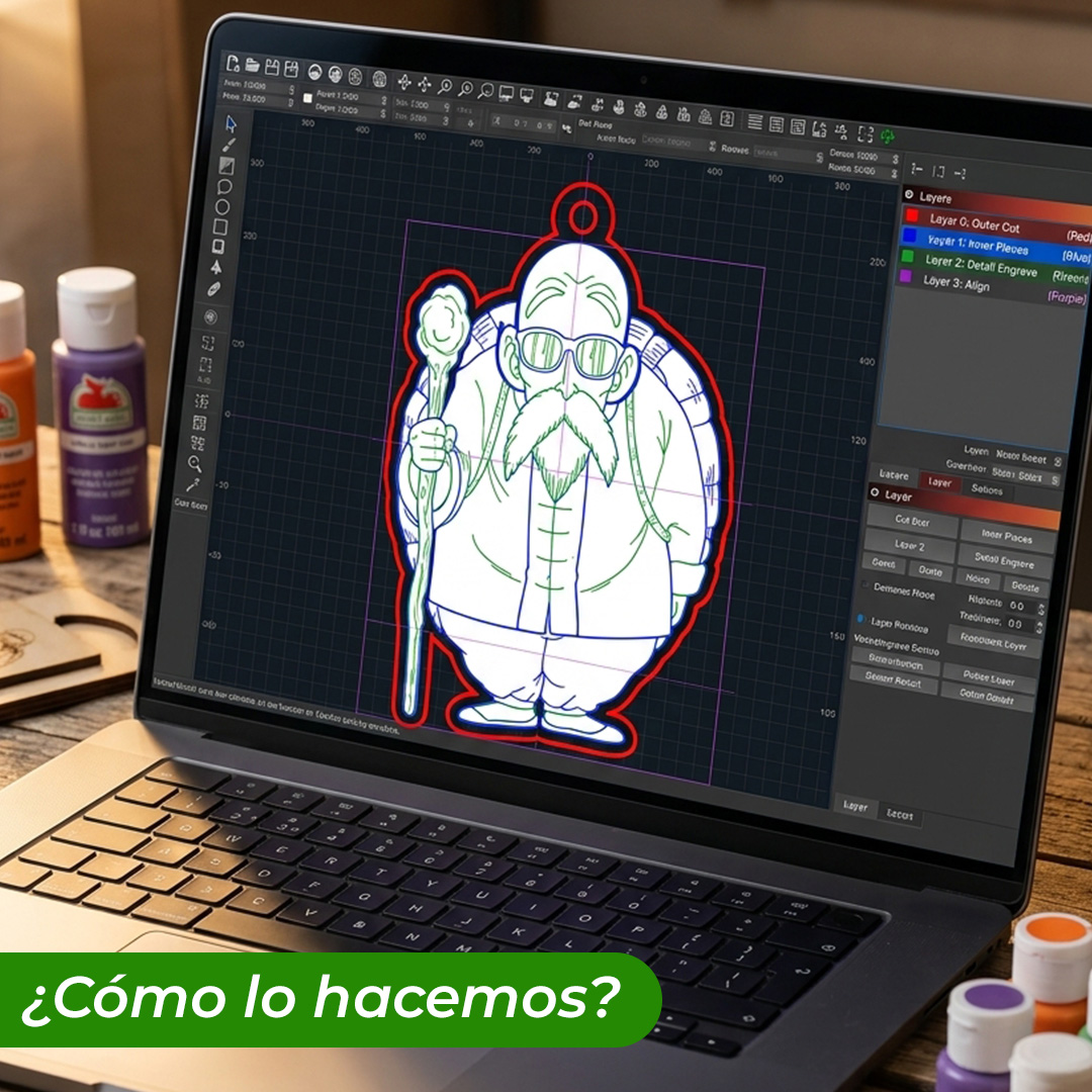 Llavero de madera pintado a mano Genio Tortuga vectorizado