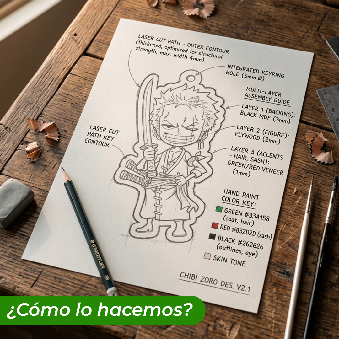 Llavero de madera pintado a mano Roronoa Zoro Chibbi boceto