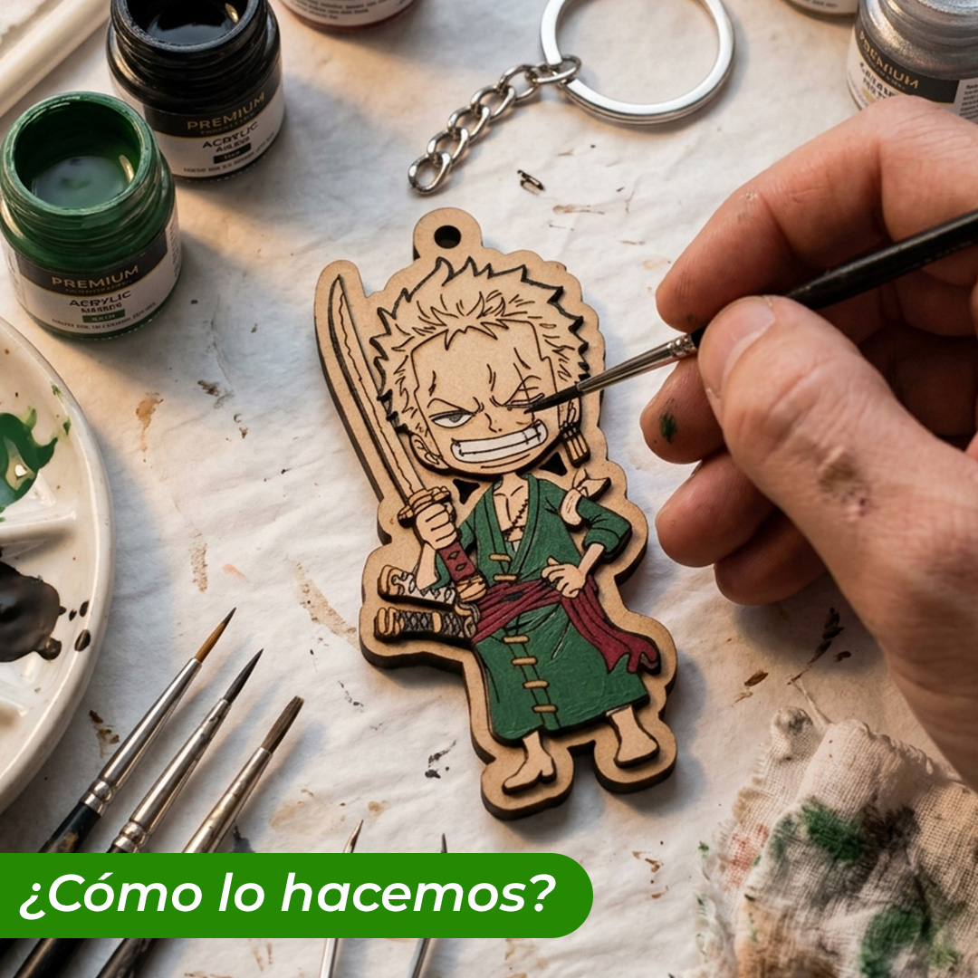 Llavero de madera pintado a mano Roronoa Zoro Chibbi pintado