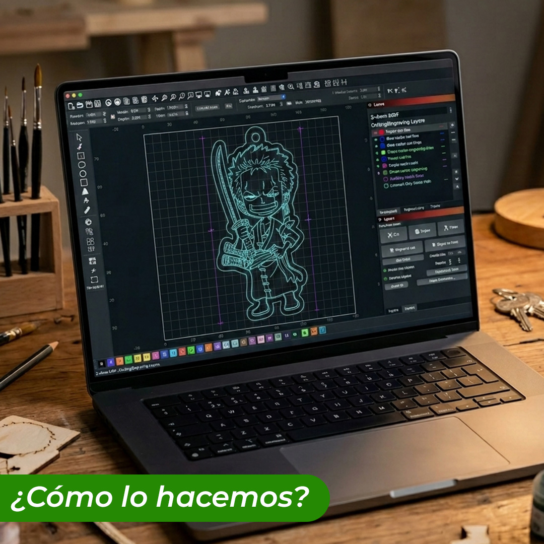 Llavero de madera pintado a mano Roronoa Zoro Chibbi vectorizado