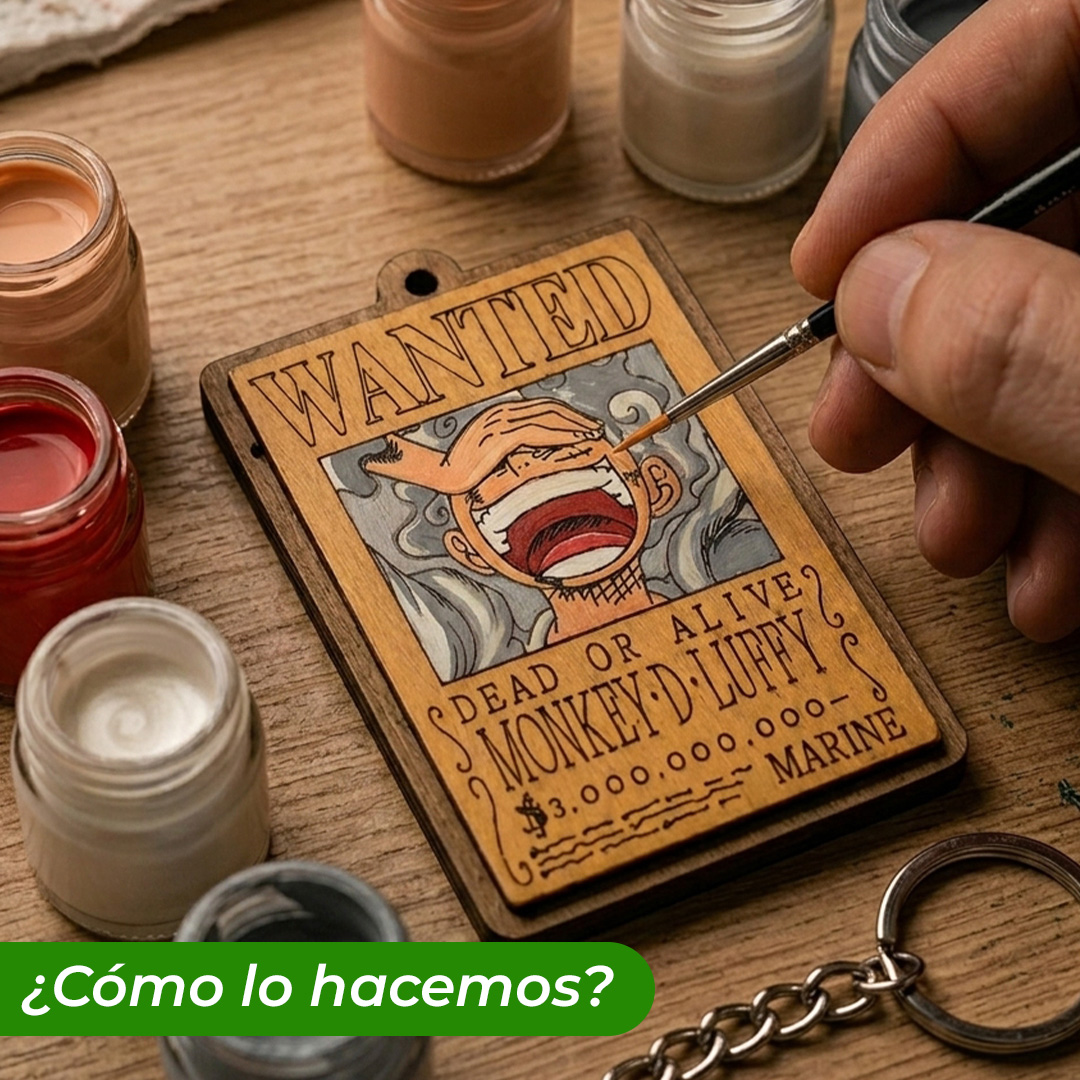 Llavero de madera pintado a mano Wanted Luffy Gear 5 pintando