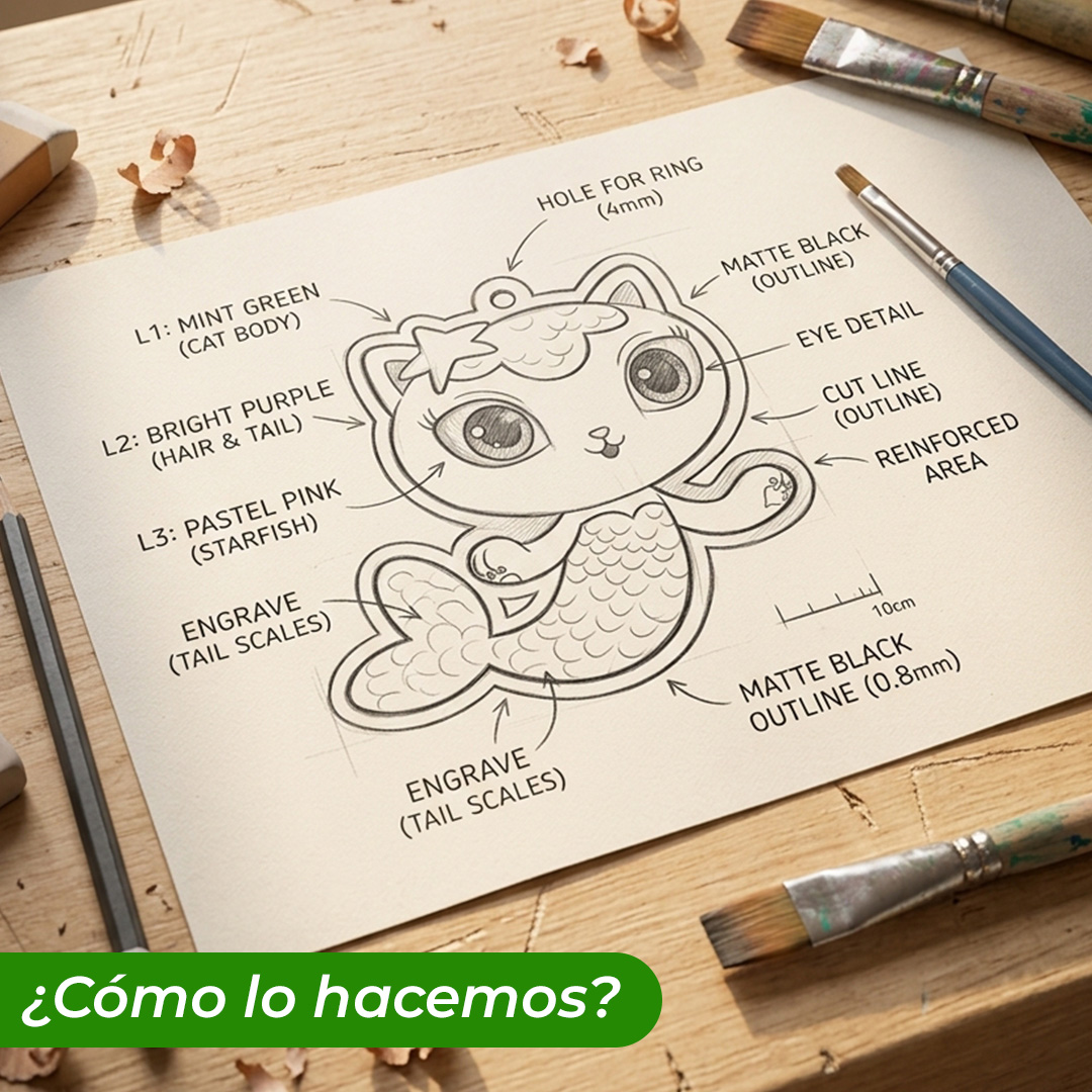 Llavero de madera pintado a mano sirenagato boceto
