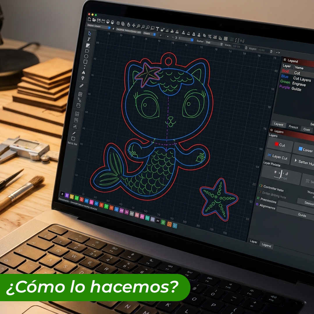 Llavero de madera pintado a mano sirenagato vectorizado
