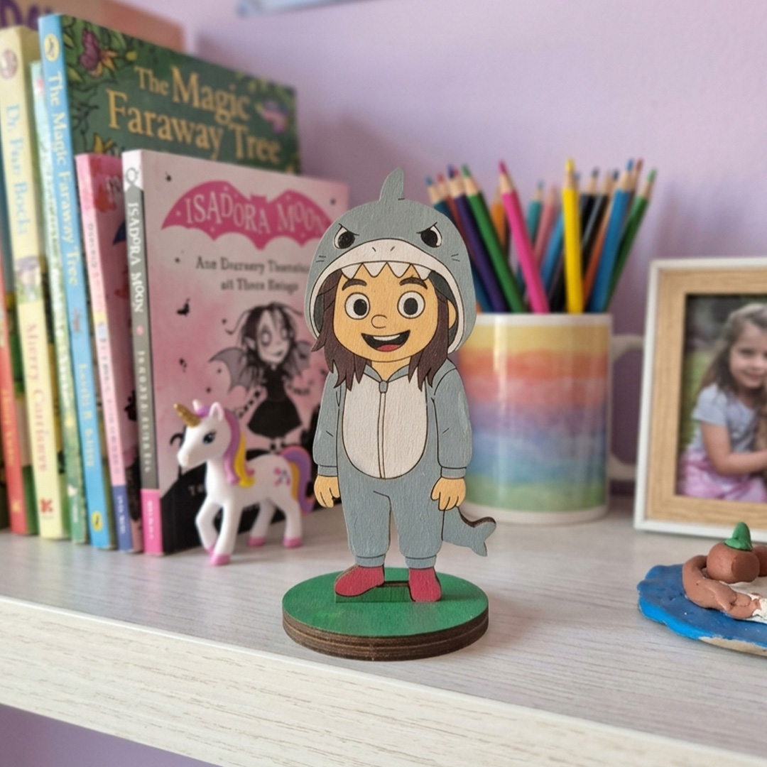 Mini-yo de madera infantil con pijama de tiburón
