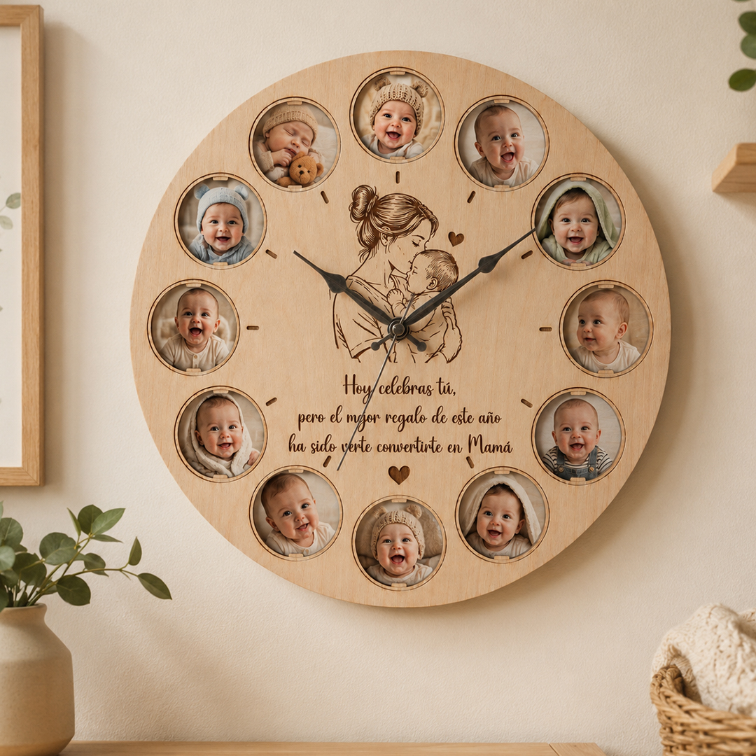 Reloj de Madera Personalizado para Mamá con Fotos del Primer Año del Bebé
